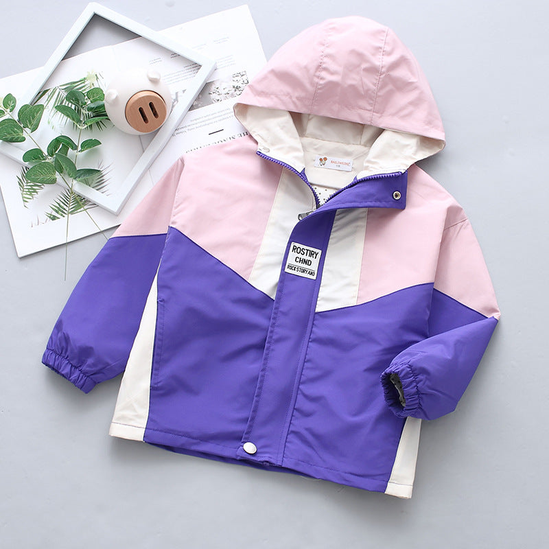 Kid Girl Blazer Matching Stitching Cap Zipper Casual Sportswear Coat
