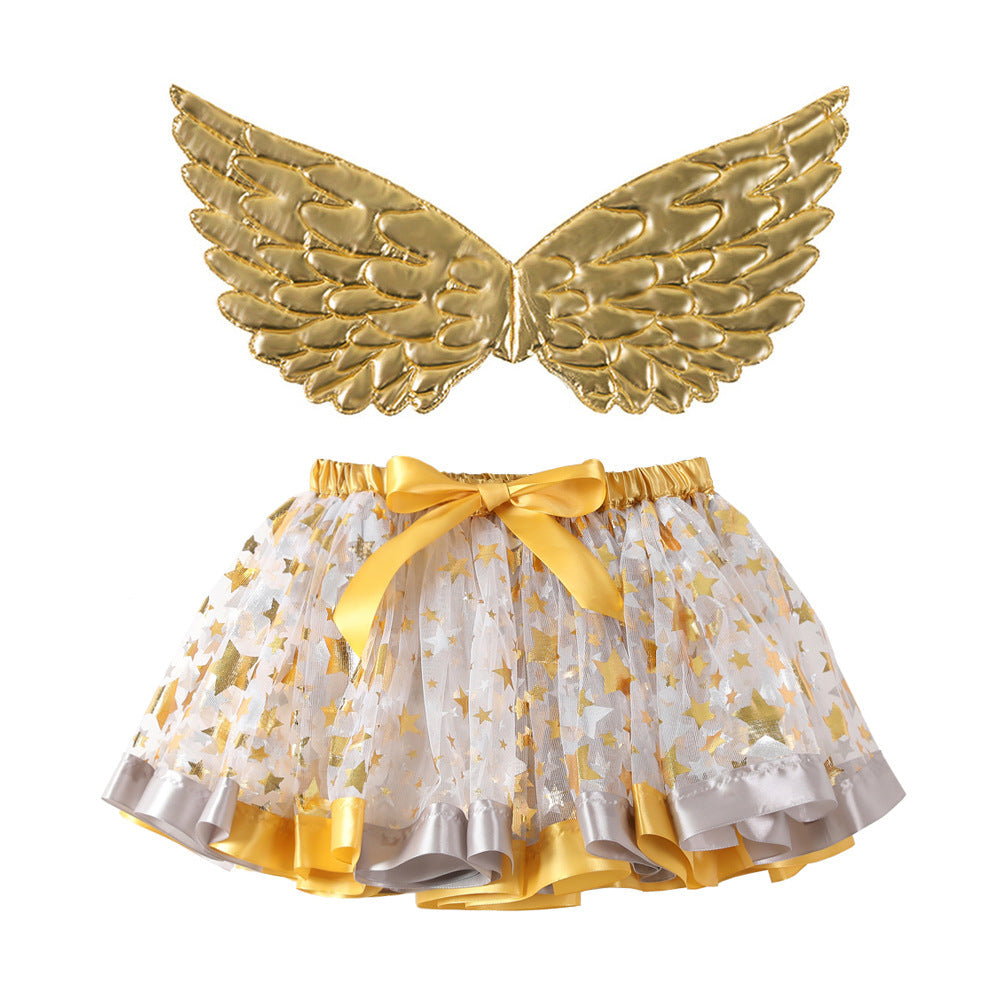 Kid Girl Wings Stars Printed Gauze Bows Skirts
