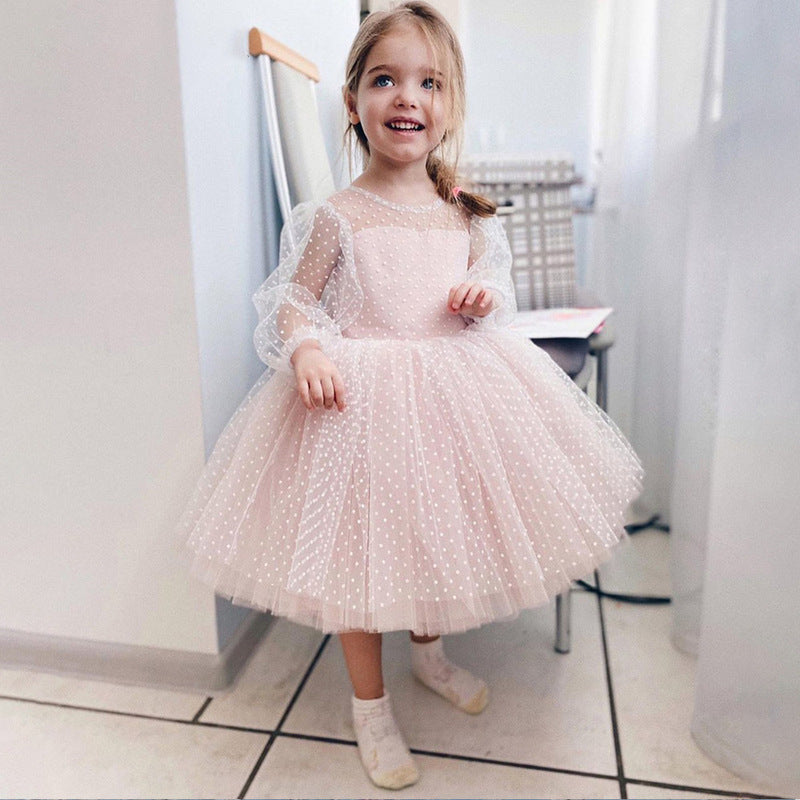 Kid Girl Flower Polka Dot Lace Mesh Long Sleeve Dress