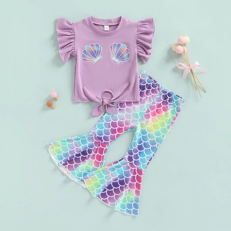 Kid Girls Suit Mermaid Print Fish Print Bell Bottoms 2 Pcs Sets
