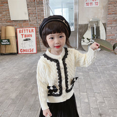ã€?M-5T】Kid Baby Girl Lace Pearl Single-breasted Winter Sweater