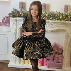 Kid Baby Girl Puff Sleeve Sequin Birthday Party Catwalk Skirty Dresses