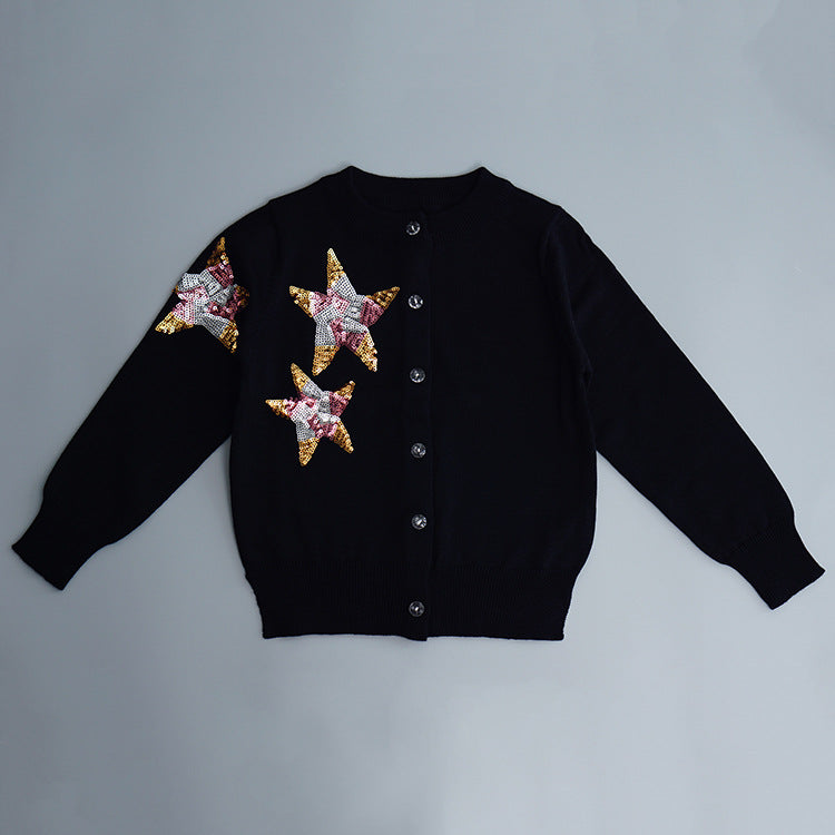 Kid Baby Girls Pure Cotton Knit Soft Cute Sweater Sequined Star Cardigan