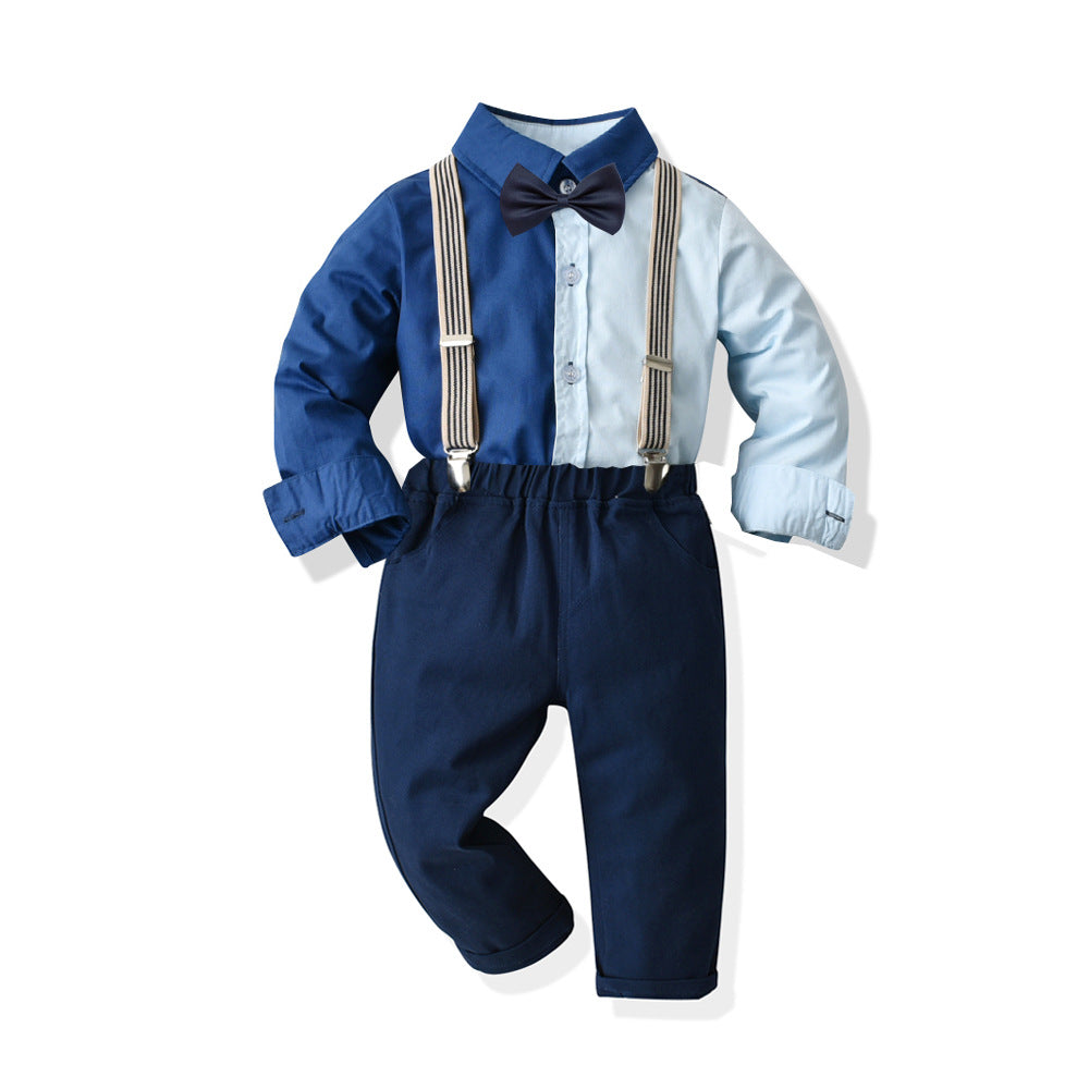 Kid Boy Suit Long Sleeve Suspenders  Autumn Formal Suits 4 Pcs Sets