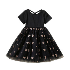 Kid Baby Girl Short Sleeve Splicing Love Gauze Spring Dresses