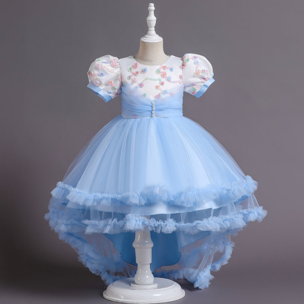 Kid Girl Princess Mesh Flower Fluffy Short Sleeved Trailing Performance Dresses