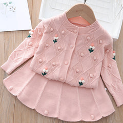 Kid Girl Korean Sweet Handmade Embroidered Sweater 2 Pcs Sets
