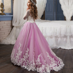 Kid Girl Lace Long Sleeves Trailing Flower Wedding Puffy Dresses