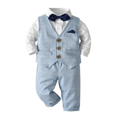 Baby Boy Suit Gentleman Long Sleeve Plaid 3 Pcs Sets