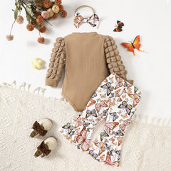 Baby Girl Long Sleeve Ribbed Stitching Puff Sleeve 2 Pcs Sets