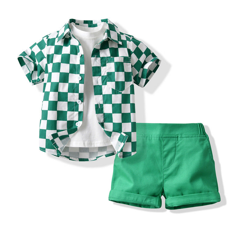 Kid Baby Boy Checkerboard Short Sleeve Cotton 3 Pcs Set