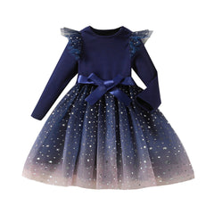 Kid Baby Girls Party Evening Starry Gradient Long Short Sleeve Bubble Dress