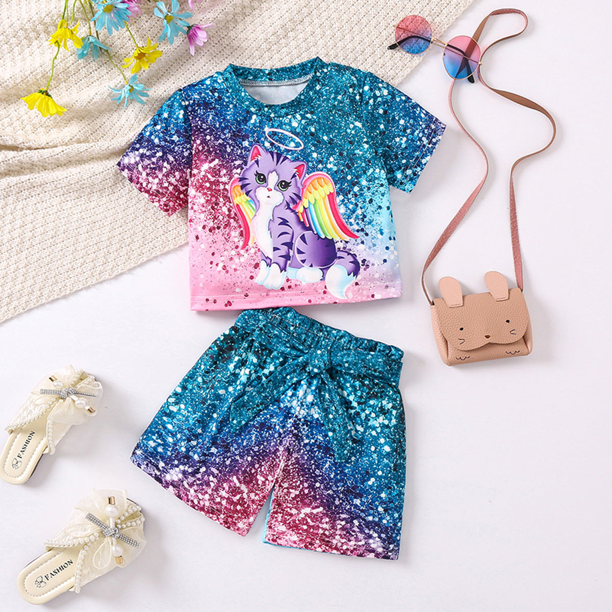 Kid Girl Cat Printed Short Print Gradient Printed Shorts 2 Pcs Sets