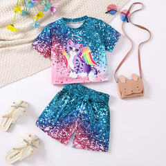 Kid Girl Cat Printed Short Print Gradient Printed Shorts 2 Pcs Sets