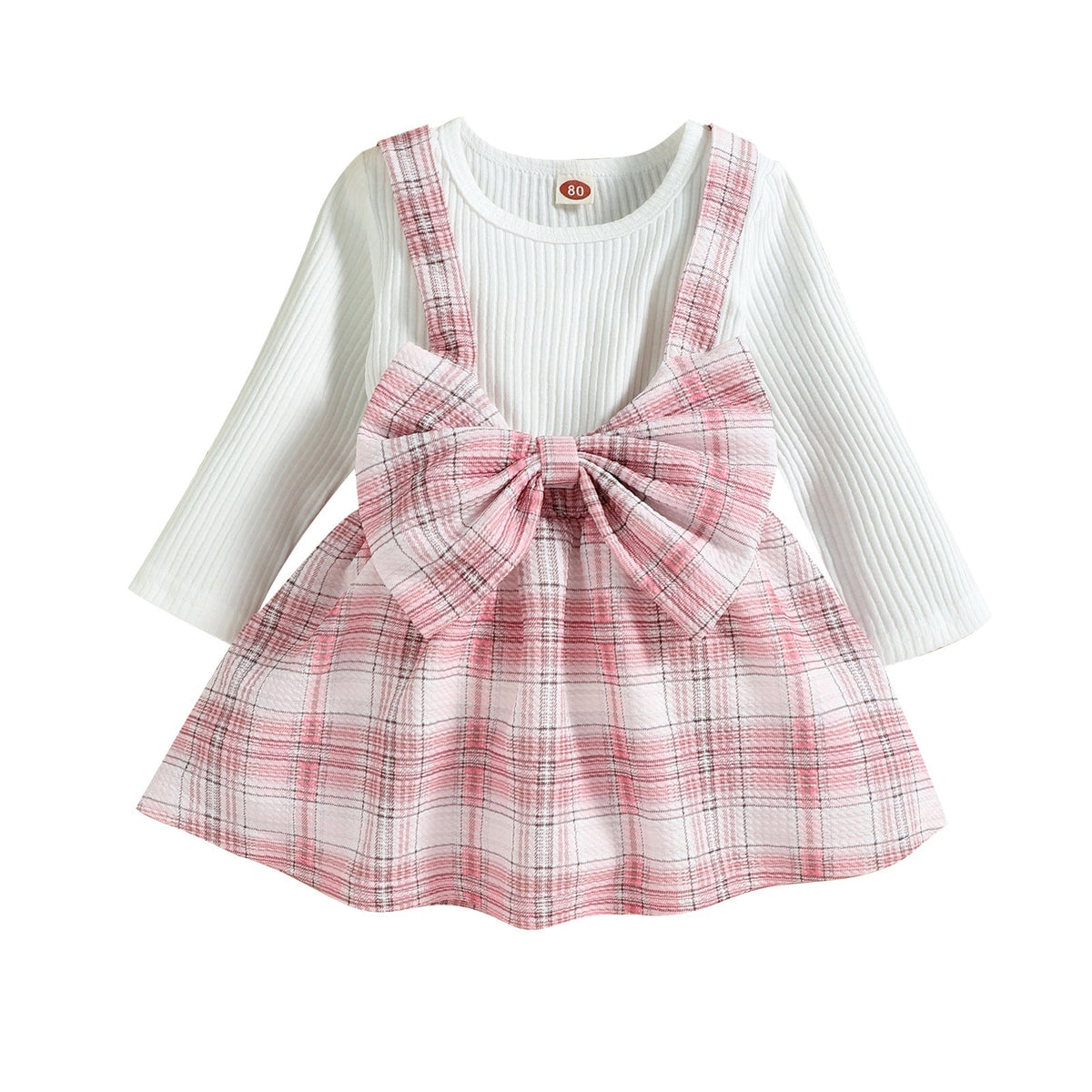 Kid Baby Girls Princess Long Sleeve Bow Plaid Suspender 2 Pcs Sets