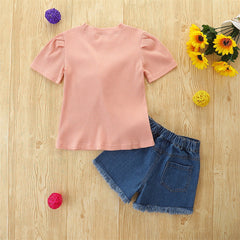 Kid Baby Girls Suit Summer Hole Stripe Bow Jeans 2 Pcs Sets