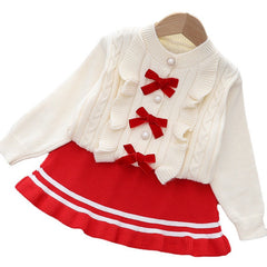 Kid Girl Korean Bowknot Sweater Knit Trend 2 Pcs Sets