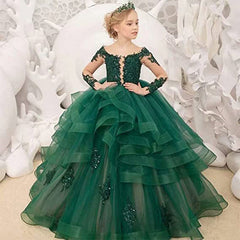 2-10T Kid Gir Wedding Long Sleeve Lace Show Birthday Fluffy Princess Dresses
