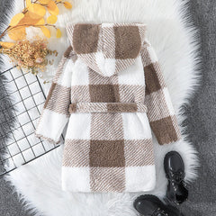 Baby Girl Long-sleeved Plaid Hooded Winter Thickened Warm Coat