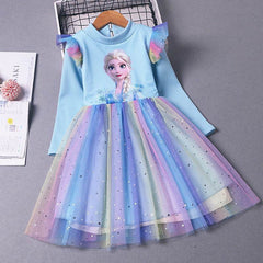 Kid Girl Autumn Winter Plus Velvet Plushed Rainbow Fluffy Gauze Dresses