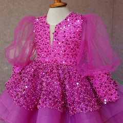 Kid Girl Princess Stylish Sequin Mesh Bubble Sleeves Fluffy Dresses