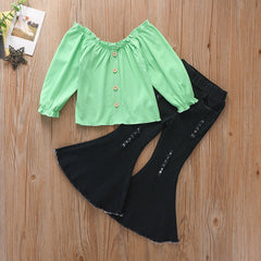 Kid Baby Girls Long Sleeve Jeans Ripped 2 Pcs Sets