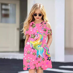Kid Girl Princess 3D Pony Print Elegant Off Shoulder Dress