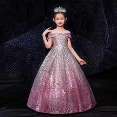 Kid Girl Silver Blue Gradual Long Tuxedo Piano Performance Dress