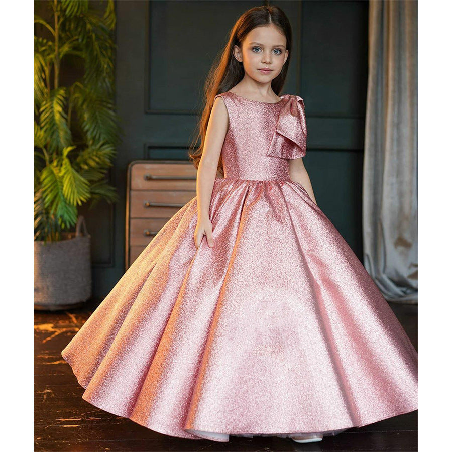 Kid Girl Pink Princess Party Glitter  Fluffy Shiny Satin Dresses