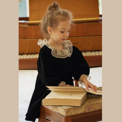 Kid Girl Retro Hepburn Velvet Long Sleeved Dresses