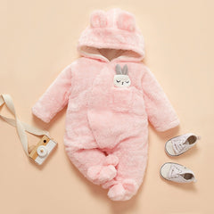 Winter Baby Solid Fleece Rabbit Hooded Jumpsuit Romper