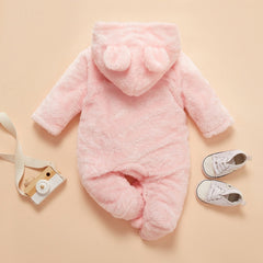 Winter Baby Solid Fleece Rabbit Hooded Jumpsuit Romper