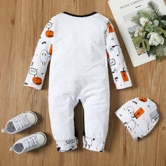 3-18M Halloween Letter Pumpkin Long-sleeve White Baby Jumpsuit Rompers