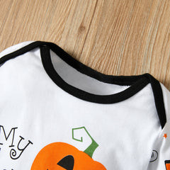 3-18M Halloween Letter Pumpkin Long-sleeve White Baby Jumpsuit Rompers