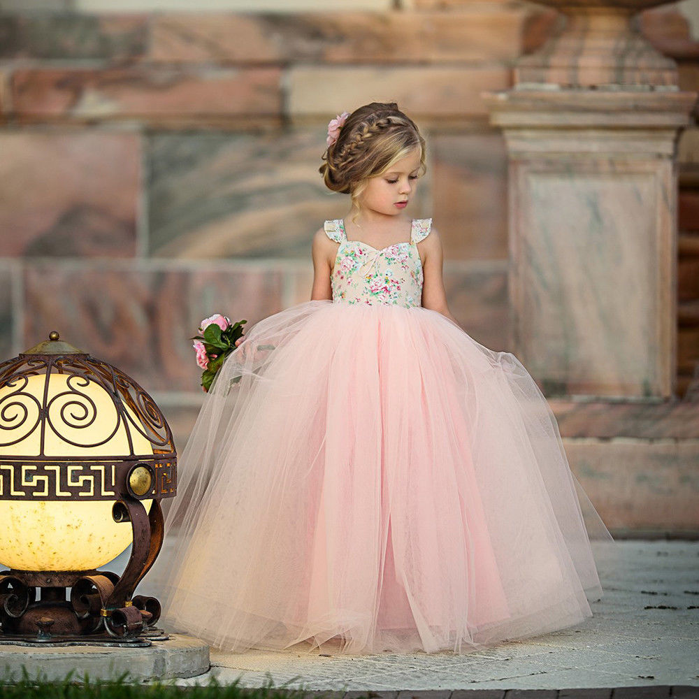 Flower Kid Girl Pageant Lace Floral Princess Tutu Bridesmaid Dresses