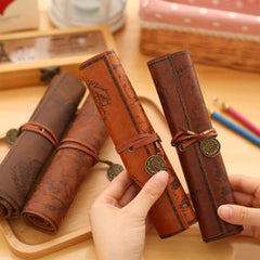 Vintage Retro Treasure Map Canvas Leather Pencil Pouch Stationery Storage