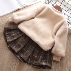 Winter Baby Girls Cute Plush Pullover+ Pleated Skirt 2 Pcs 0-5 Years