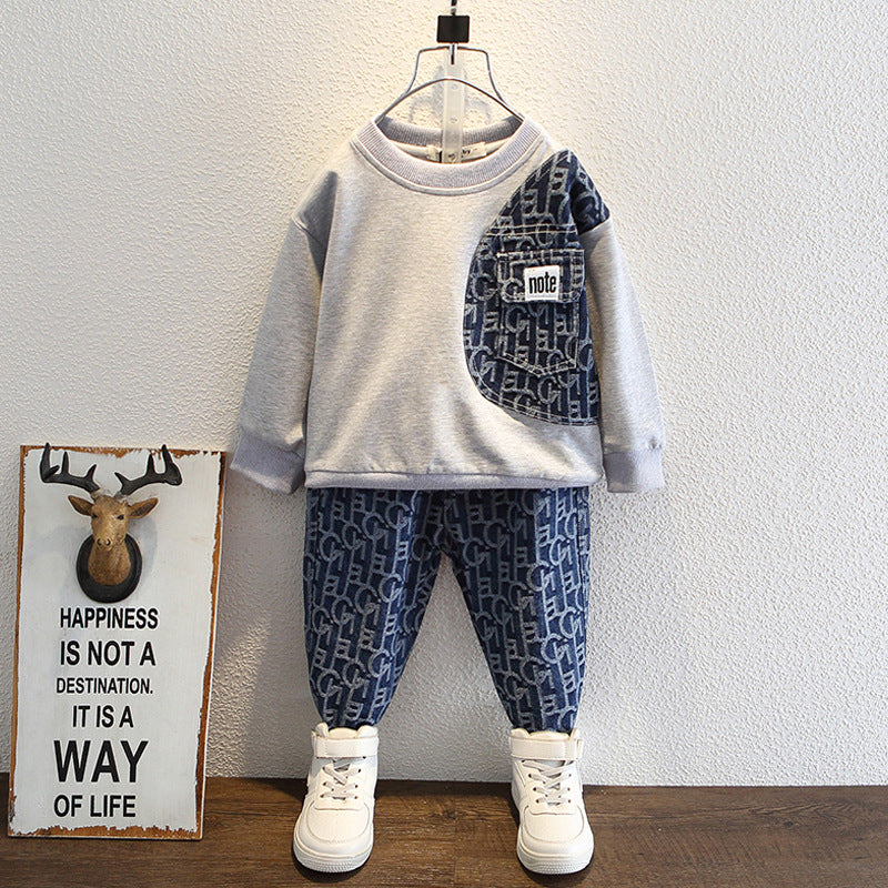 Kid Baby Boy Spring Autumn Fashion Denim Stitching 2 Pcs Set