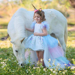 Girls Unicorn Dress Birthday Party Rainbow Ball Gown 4-10 Years