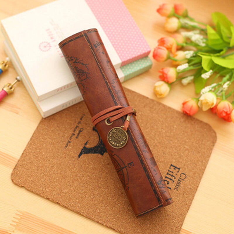 Vintage Retro Treasure Map Canvas Leather Pencil Pouch Stationery Storage