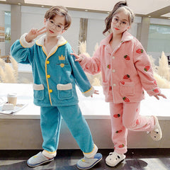 Kid Baby Girls Winter Pajamas Set Plus Velvet  Warm Flannel Thicken Sleepwear