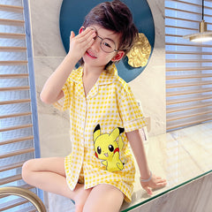Kid Boys Home Ice Silk Pajamas Summer Thin Short Sleeve Suit Set