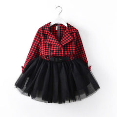 Girls Long Sleeve Plaid Tulle Patchwork Christmas Dress For 2-7T