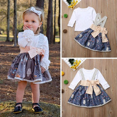 Girl Long Sleeve Tops Print Strap Skirt Outfit 2Pcs