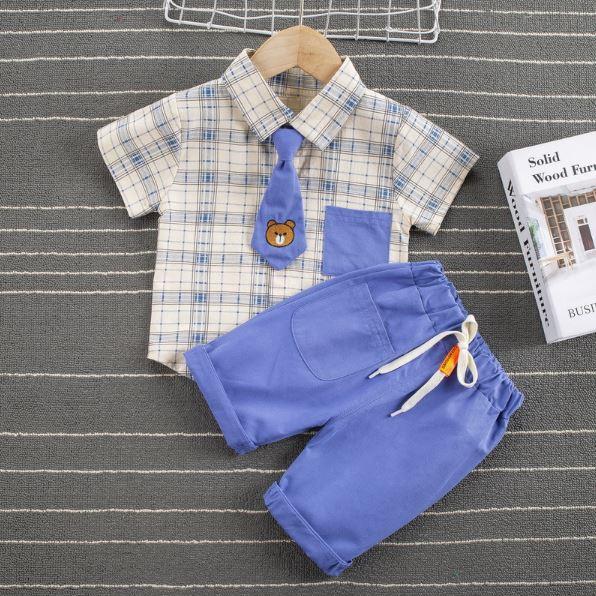Baby Boy Plaid Bear Tie Outfit 2 Pcs Set