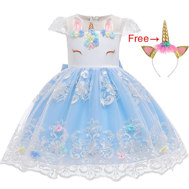 Girl Embroidery Unicorn Big Bow Princess Wedding Party Dresses
